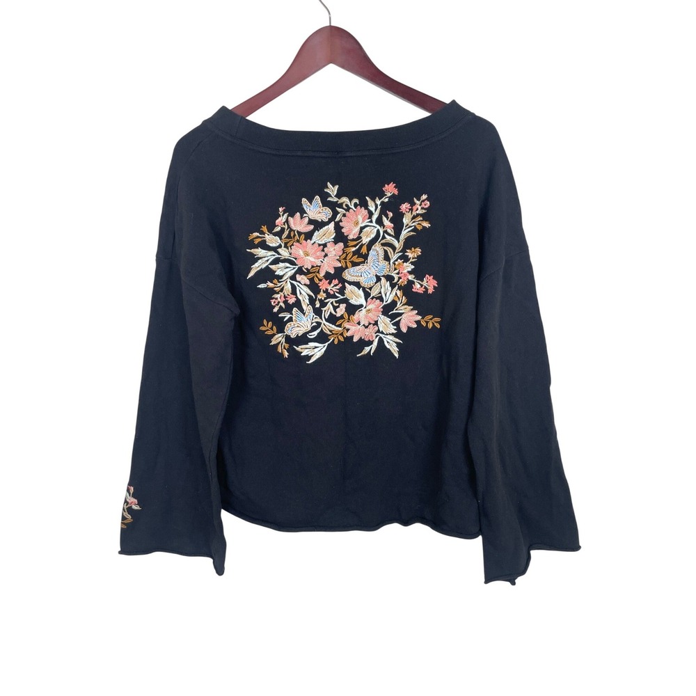 Top Sz L Cotton Terry Cloth Long Sleeve Embroidered Butterfly Cottage Artsy Boho